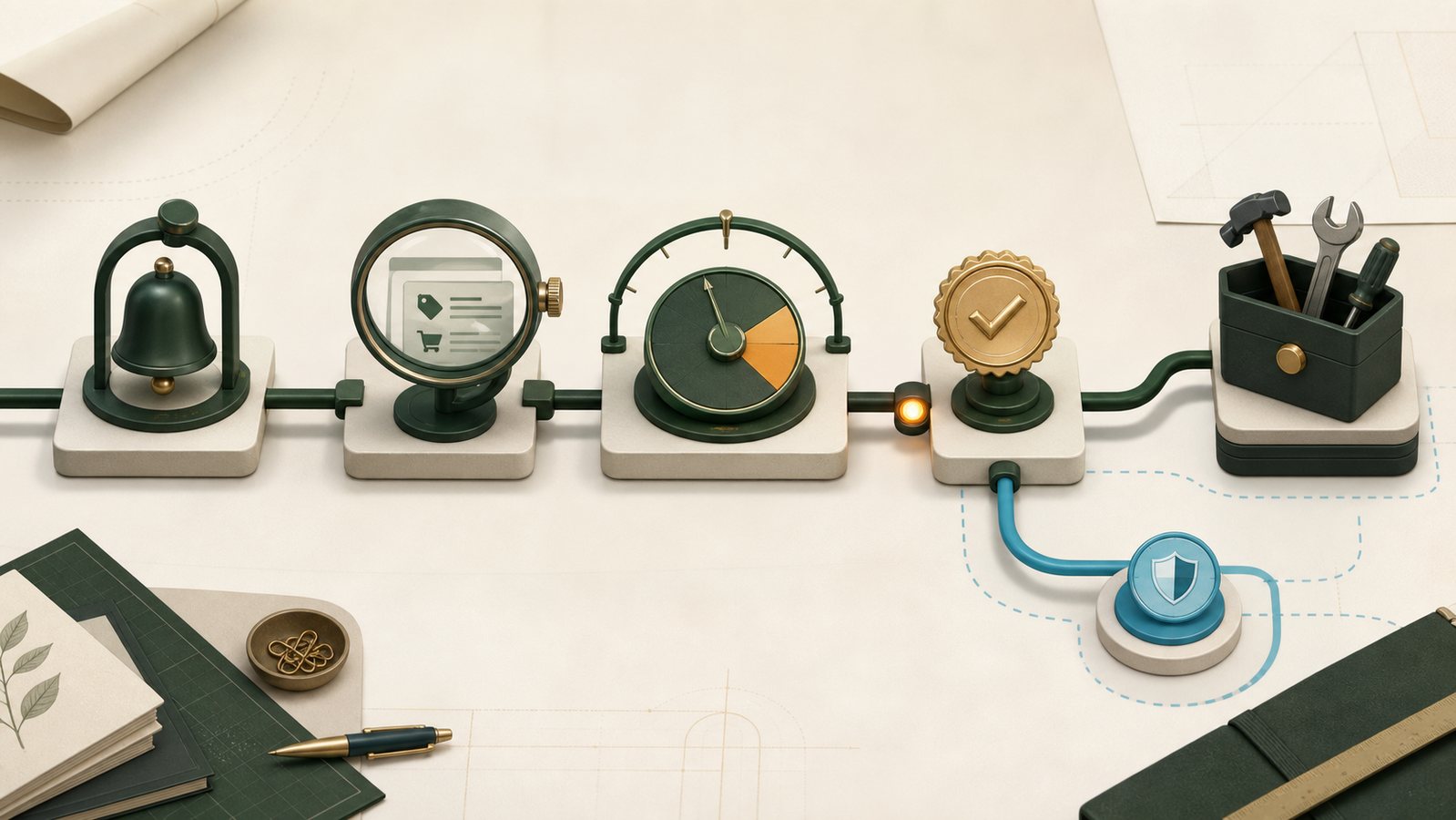 A bounded workflow moving from event through context, decision, approval, and tool.