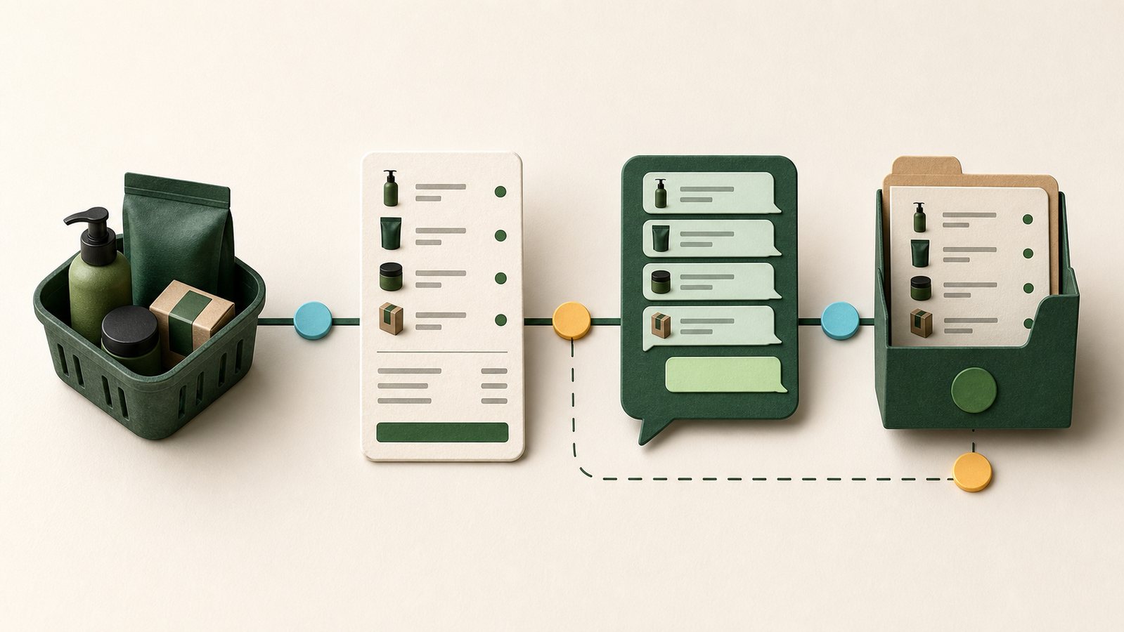 A product basket and order summary carried into chat while retaining a business record.